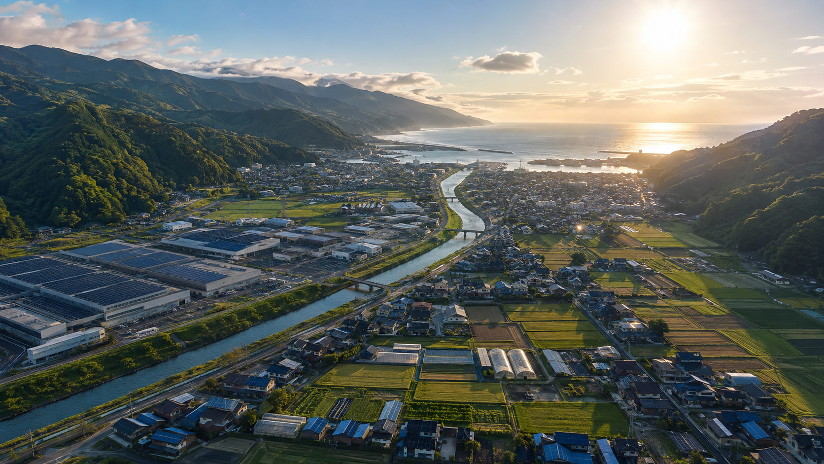 太陽に照らされた森と川、農地、屋根の太陽光発電、海へつながる地域の構想画
